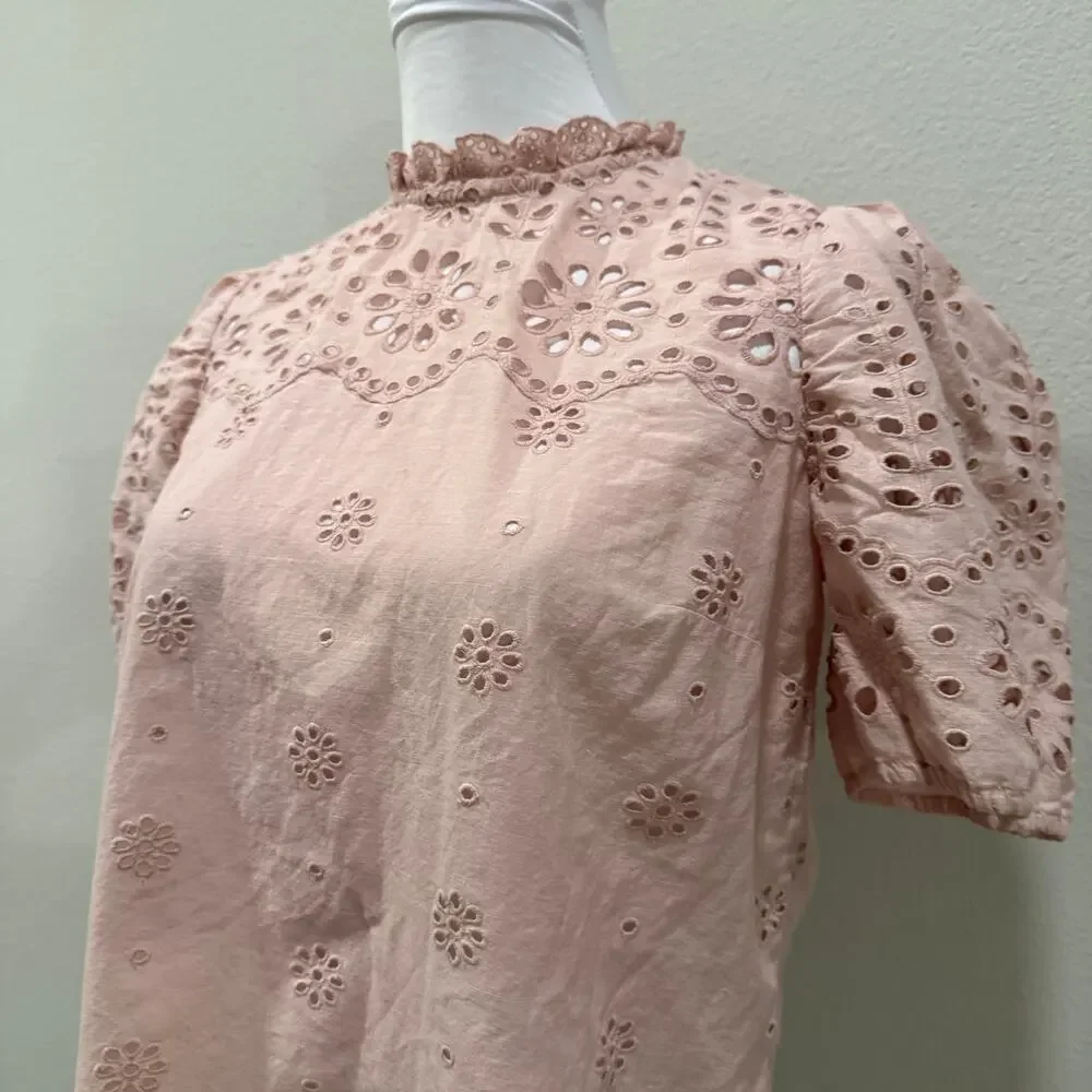 Boden Pink Altheda Broderie Top Embroidered Eyelet Cotton Puff Sleeve Cottage 6